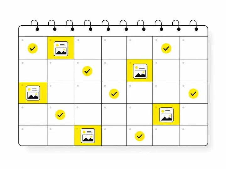 Clean modern flat-vector illustration of a calendar grid with checkmarks and post icons scattered across weekdays, showi