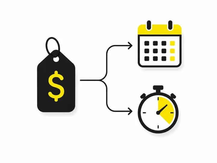 A clean modern flat-vector illustration on a pure white (#ffffff) background. Shows a simple price tag icon in dark char