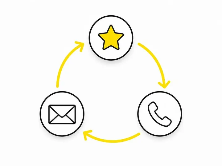 Clean modern flat-vector illustration on a pure white (#ffffff) background. A circular workflow diagram with three equal