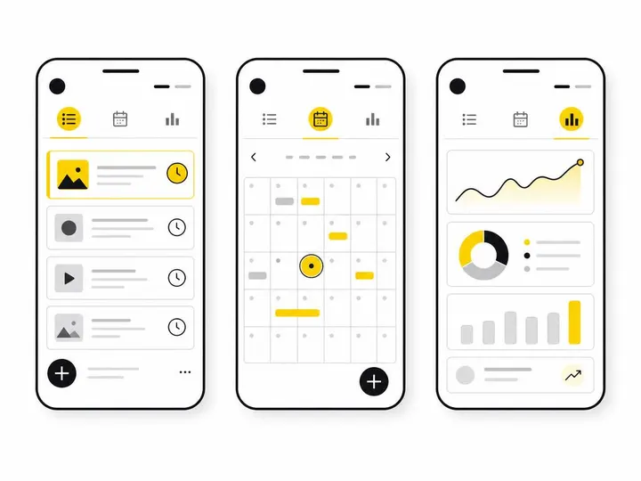 Flat-vector illustration comparing tool interfaces: three simplified smartphone screens side-by-side showing abstract sc