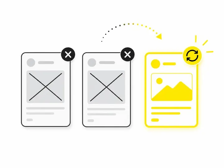 Clean modern flat-vector illustration on a pure white (#ffffff) background. Three simple ad card shapes in a row — the f
