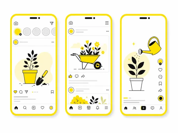 Clean modern flat-vector illustration showing three smartphone screens side-by-side displaying Instagram, Facebook, and 