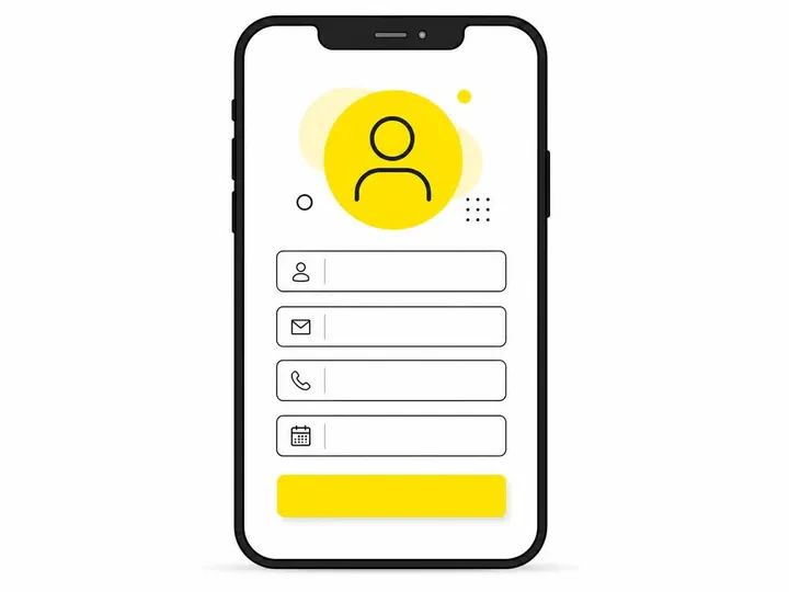 Flat-vector illustration of a smartphone screen outline showing a lead form with simple input fields and a submit button