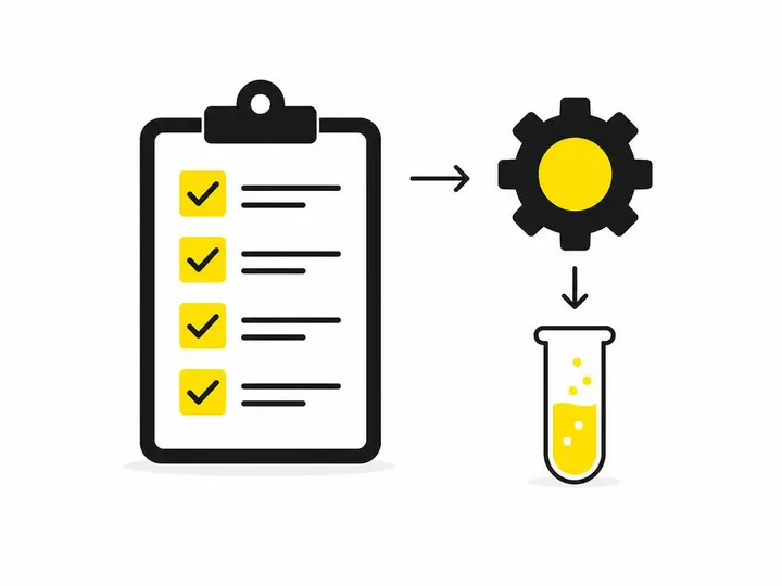 A clean modern flat-vector illustration on a pure white (#ffffff) background. A simple checklist clipboard in dark charc