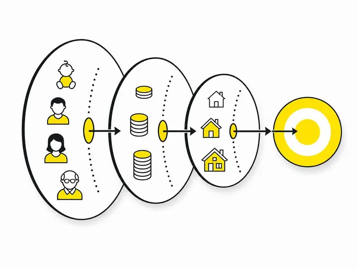 A clean modern flat-vector illustration of layered concentric circles or stacked filter icons representing demographic l
