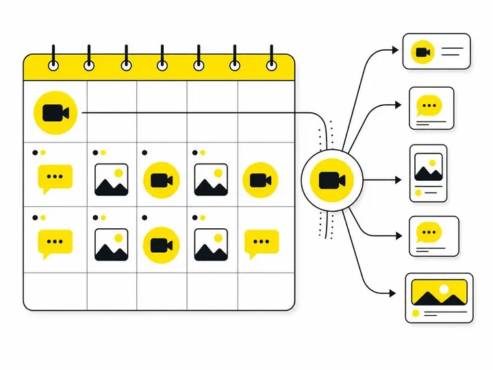 Clean modern flat-vector illustration of a content calendar grid with simple geometric shapes representing different pos