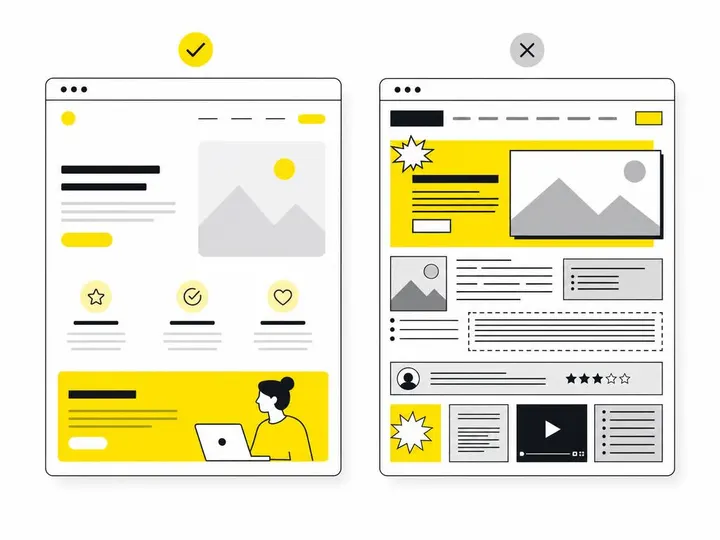 Clean modern flat-vector illustration showing two website browser windows side-by-side, one clean and modern with clear