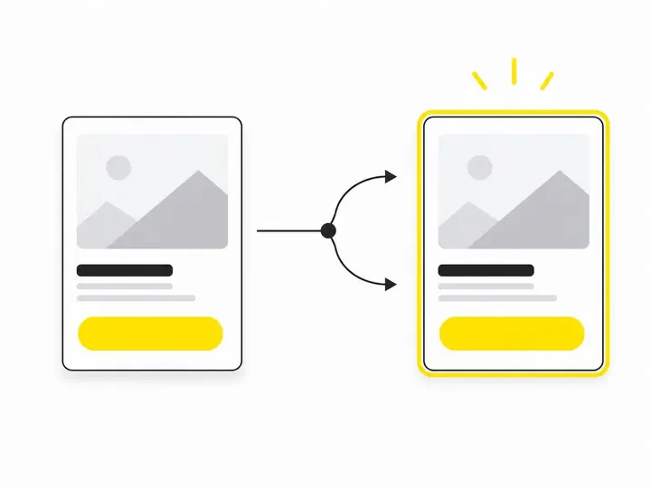 Clean modern flat-vector illustration on a pure white (#ffffff) background. Depicts two side-by-side ad creative cards (