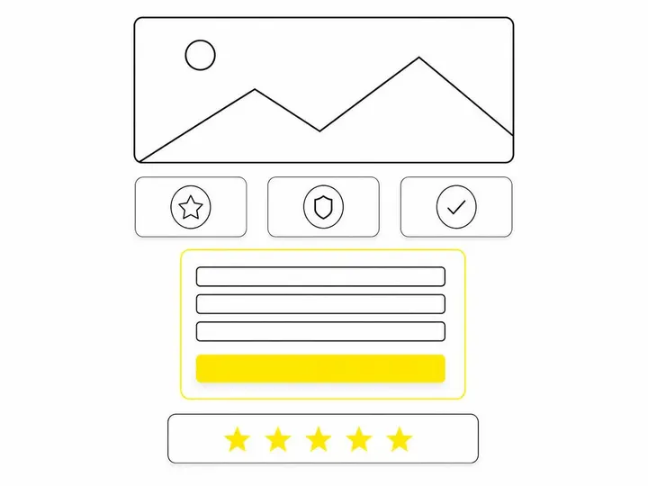 A clean modern flat-vector illustration on a pure white (#ffffff) background showing a simple landing page wireframe lay