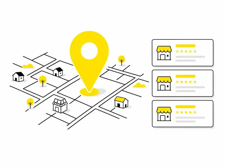 Clean flat-vector illustration on a pure white (#ffffff) background: a simplified Google Maps pin icon in vivid yellow (