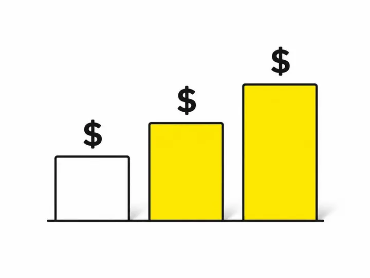 A clean modern flat-vector illustration on a pure white (#ffffff) background. The scene shows a stylised price/cost brea