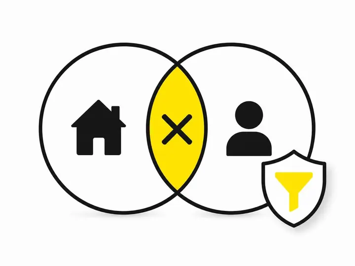 Clean modern flat-vector illustration on a pure white (#ffffff) background. Concept: two overlapping circles (Venn diagr
