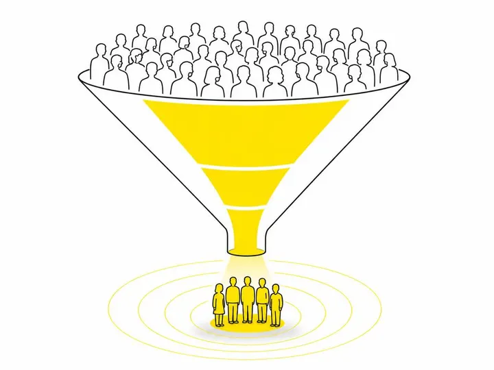 Clean modern flat-vector illustration showing a funnel narrowing from a wide crowd of silhouettes at top to a small targ