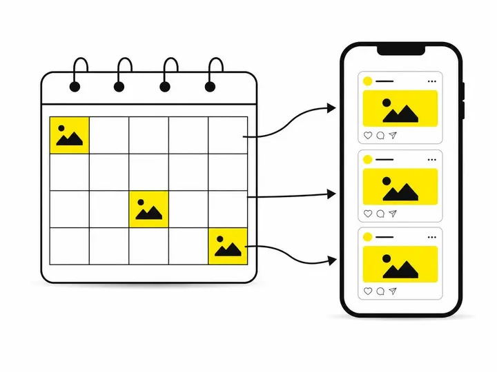 Clean modern flat-vector illustration showing a calendar grid with three posts marked in vivid yellow (#fff200), connect