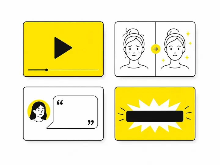 Clean modern flat-vector illustration on a pure white (#ffffff) background. Four distinct rectangular card shapes arrang