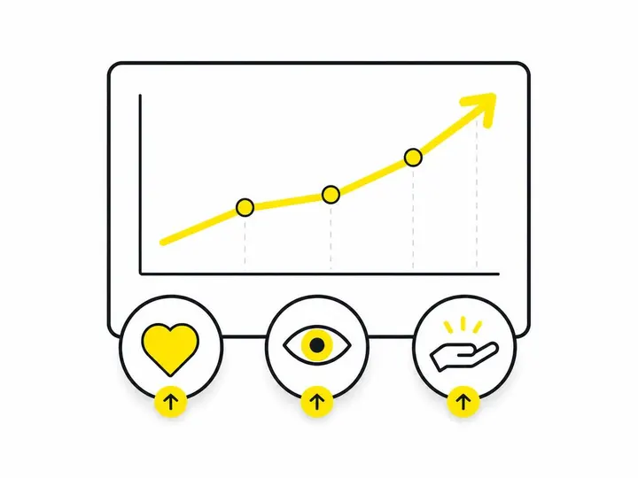 Clean modern flat-vector illustration: a simple dashboard or graph icon showing an upward trend line, with three small m