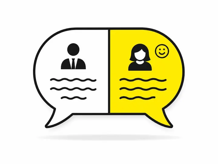 Clean modern flat-vector illustration of a conversation bubble split into two halves: left side shows generic corporate