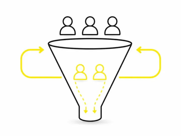 Clean modern flat-vector illustration on a CLEAN WHITE background: a simple funnel shape in dark charcoal (#111111) line