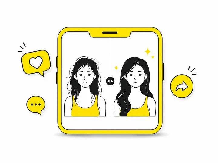 A clean modern flat-vector illustration showing a phone screen displaying before-and-after images side by side, with eng