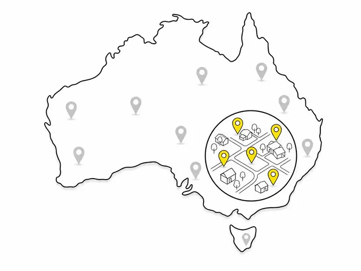 Clean flat-vector illustration on a pure white (#ffffff) background. A simplified map of Australia with a circle drawn a