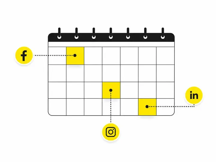A clean modern flat-vector illustration showing a simple weekly calendar grid with social media platform icons (Facebook