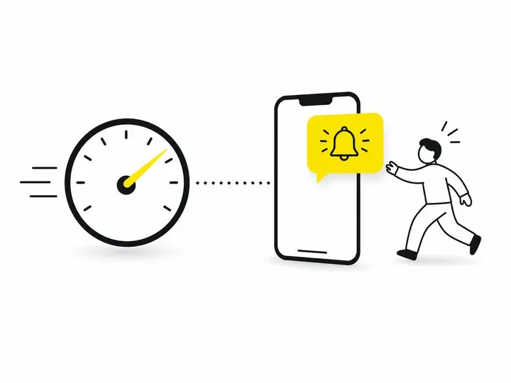 Clean modern flat-vector illustration on a pure white (#ffffff) background. A simplified speedometer or timer icon on th