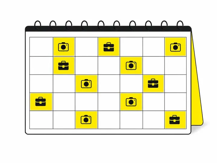 Flat-vector illustration of a content calendar grid with social media post icons spread across weeks, clean white backgr