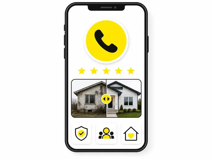 Clean modern flat-vector illustration of a smartphone screen showing a simple homepage layout with a large phone icon bu