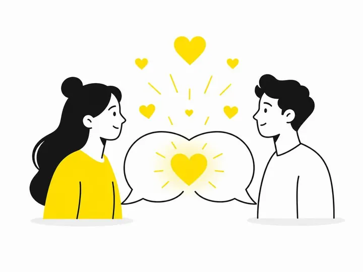 Clean modern flat-vector illustration of a trust concept: a stylised handshake or conversation bubble between two figure
