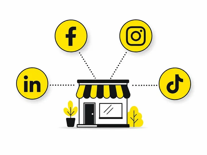 Clean modern flat-vector illustration showing different social media platform icons (Facebook, Instagram, LinkedIn, TikT