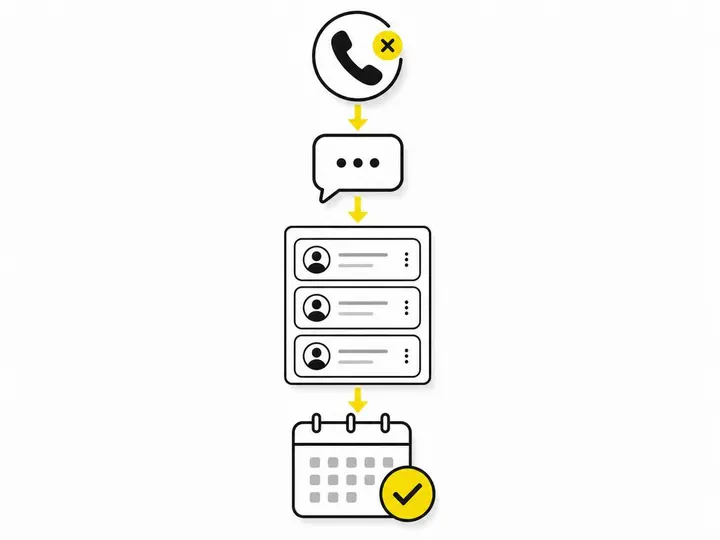 Flat-vector illustration on a clean white (#ffffff) background. A vertical flow diagram: at the top, a missed call phone
