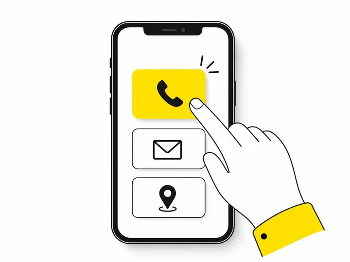 Clean modern flat-vector illustration of a smartphone screen with oversized tap-friendly buttons and clear contact icons