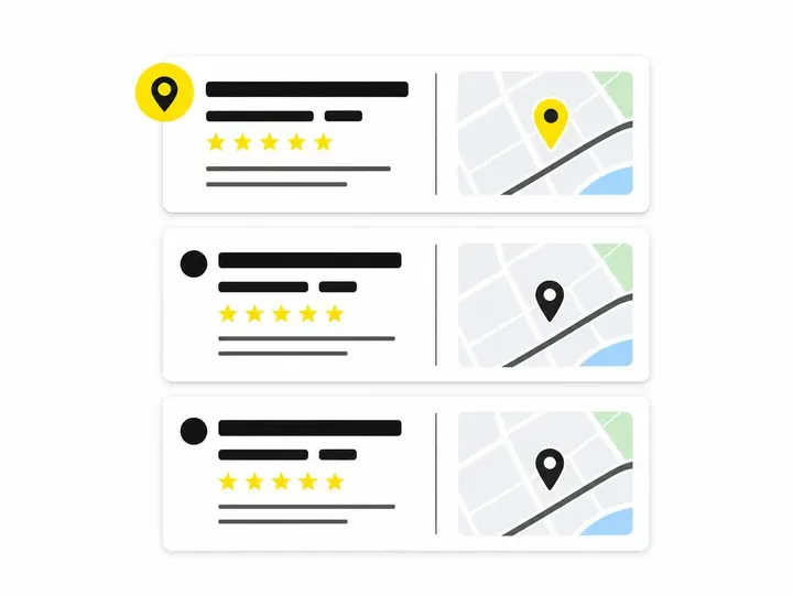 A clean modern flat-vector illustration on a pure white (#ffffff) background showing three simplified search result card