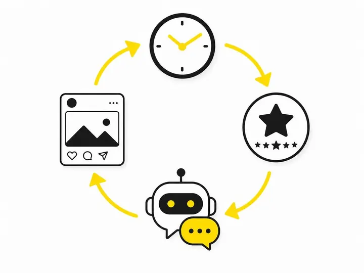 Clean modern flat-vector illustration on a pure white (#ffffff) background: a simple circular routine diagram — a clock