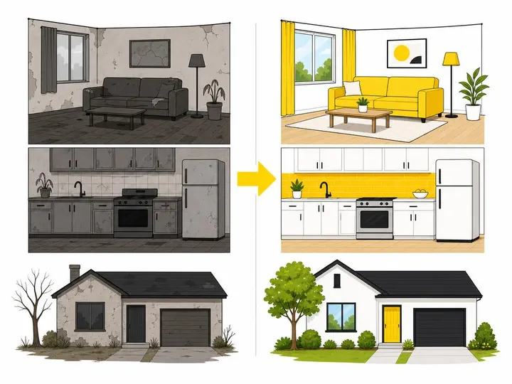 Clean flat-vector illustration of a before/after split-screen grid showing a simplified home renovation transformation, 
