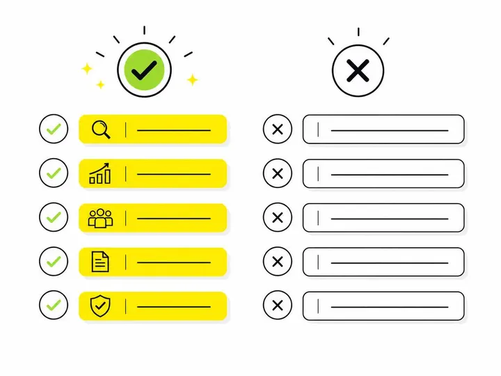 Clean flat-vector illustration on a pure white (#ffffff) background: a simple two-column checklist layout in charcoal (#