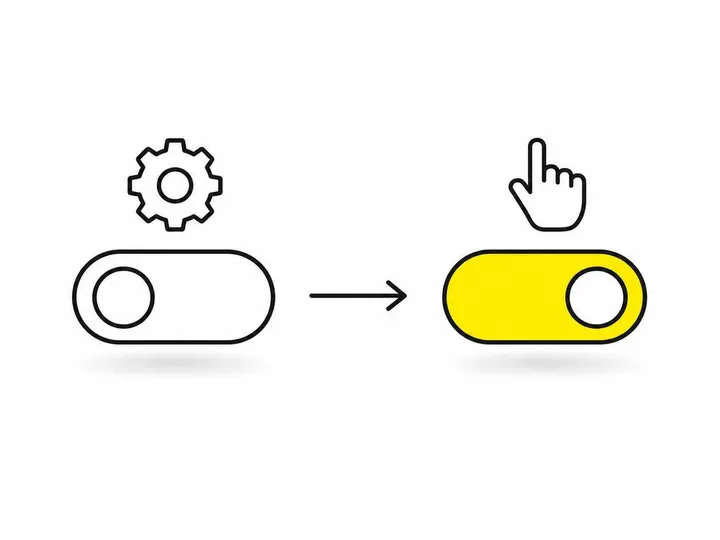 Clean modern flat-vector illustration on a pure white (#ffffff) background. Two side-by-side toggle switches drawn in fl