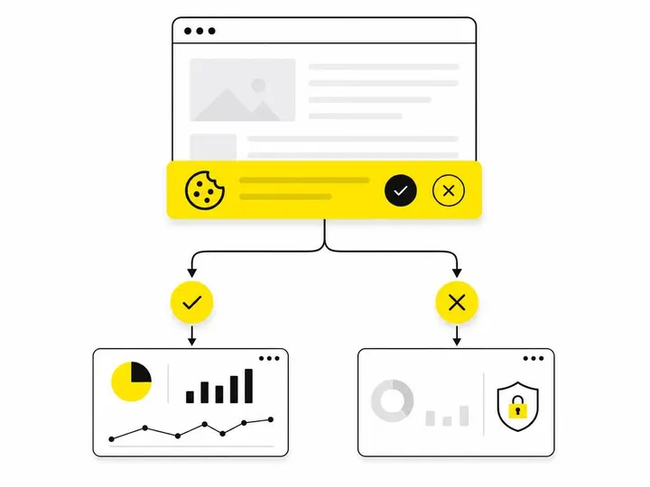 Clean modern flat-vector illustration of a website cookie consent flow: simplified browser window shape at top with a sm