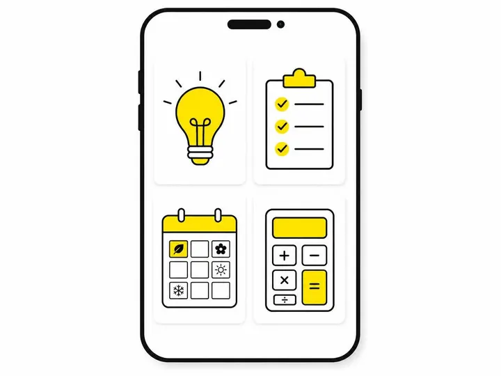 Modern flat-vector illustration of a smartphone screen showing educational content icons: a lightbulb for tips, a checkl