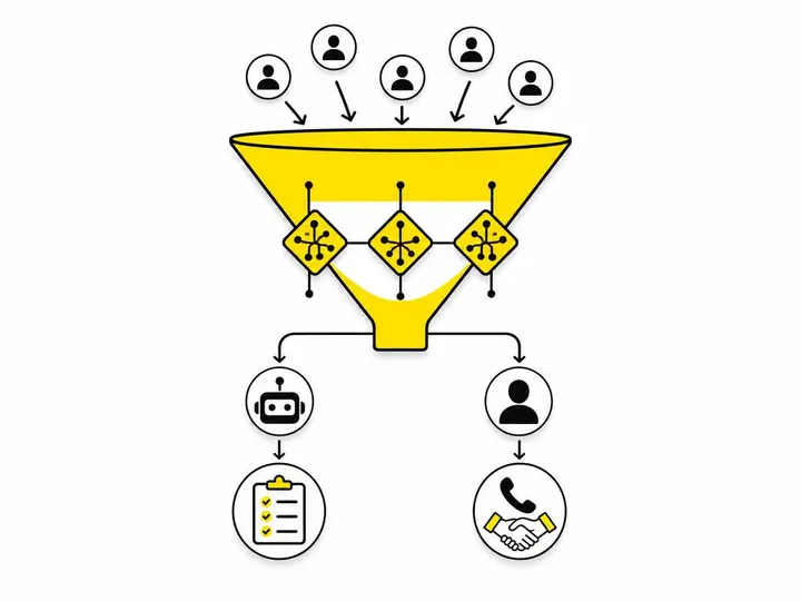 A clean modern flat-vector illustration on a pure white (#ffffff) background showing a simple funnel graphic: enquiries