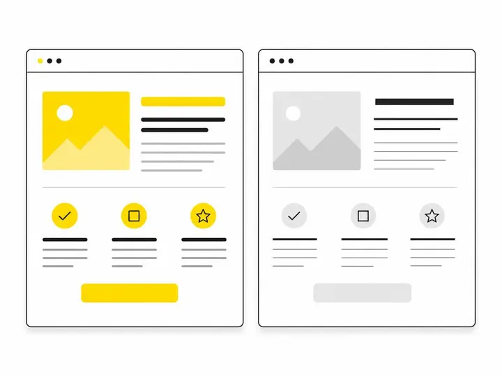 Clean flat-vector illustration showing two side-by-side website browser windows comparing sans-serif and serif fonts, si