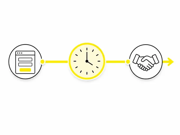 A clean modern flat-vector illustration on a pure white (#ffffff) background. A simple timeline arrow moving left to rig
