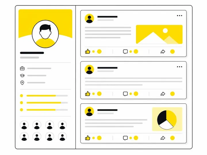 Clean modern flat-vector illustration showing a LinkedIn profile layout with simplified post cards and engagement icons