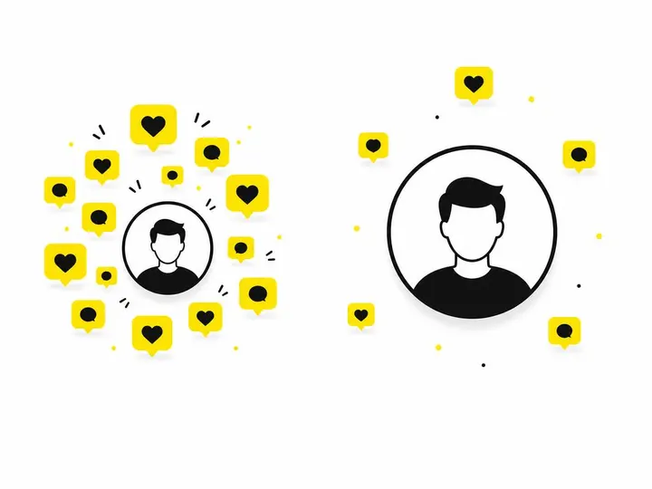 Clean modern flat-vector illustration showing two Instagram profile icons side-by-side comparison: left shows a small pr