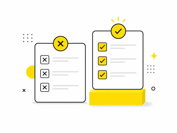 Clean modern flat-vector illustration of a side-by-side comparison concept: two simple rectangular panels with checkmark
