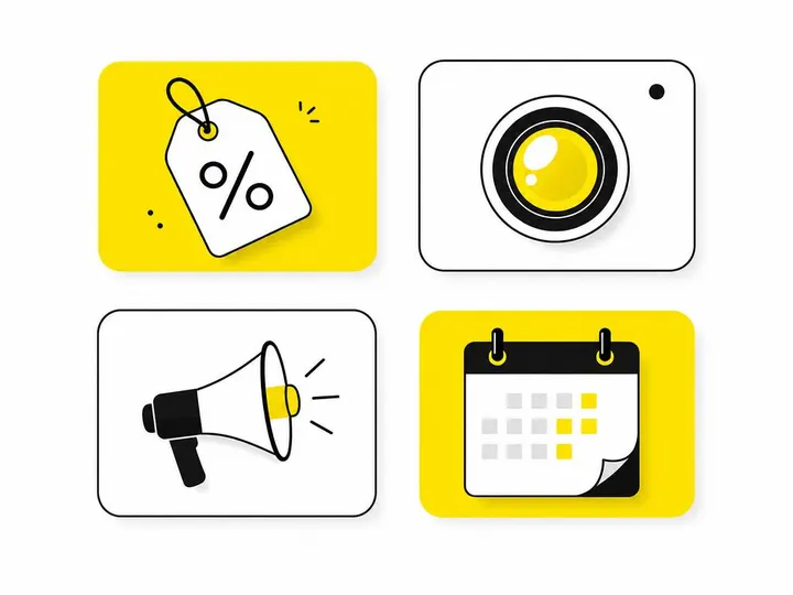 Clean modern flat-vector illustration on a pure white (#ffffff) background. Four bold rectangular content pillars arrang