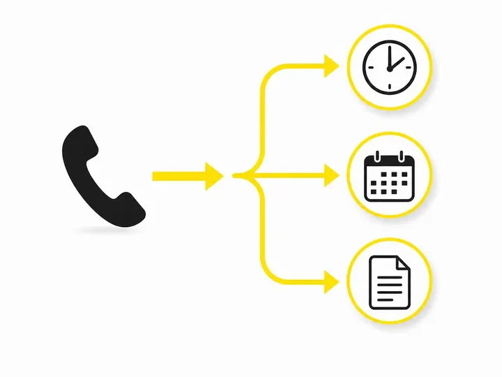 A clean flat-vector illustration on a pure white (#ffffff) background showing a simplified call flow diagram: a phone ha