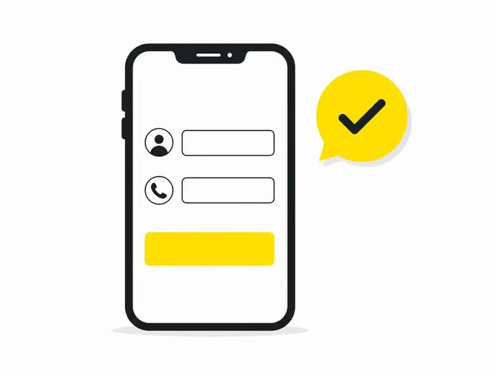 A clean flat-vector illustration on a pure white (#ffffff) background. A stylised mobile phone outline in dark charcoal 