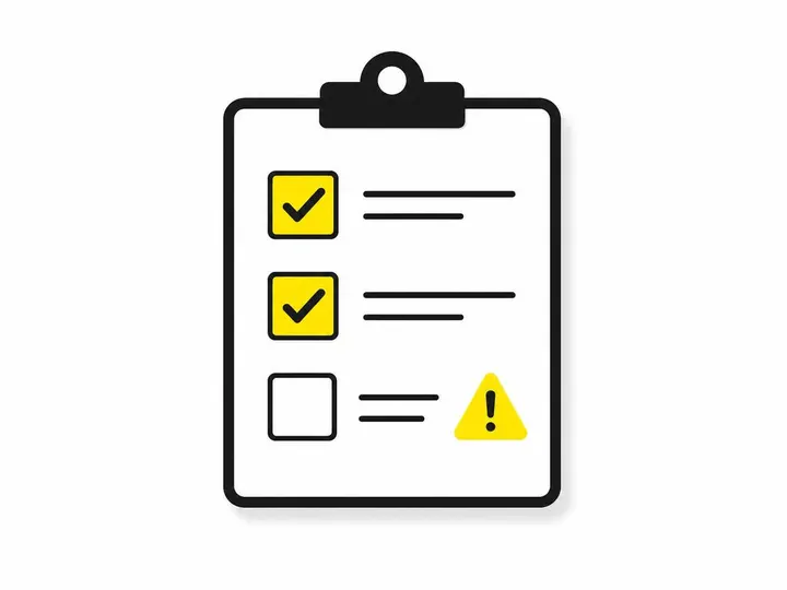 Clean modern flat-vector illustration on a pure white (#ffffff) background. A simple checklist or clipboard icon with th