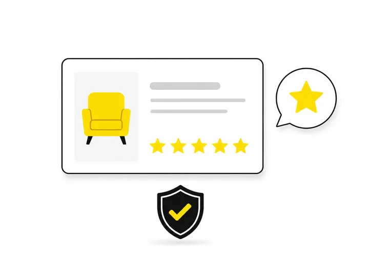 A clean modern flat-vector illustration on a pure white (#ffffff) background showing a product listing card with five st